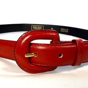 Vintage Karen Scott Red Leather Belt Womens Medium Gold Buckle Classic Medium